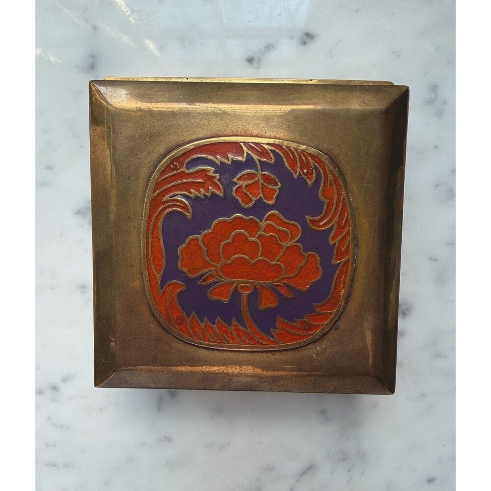 70s Indian Brass Cloisonné Enamel Box 4” Sq Red Blue Lotus Wood Lined Cigarette?